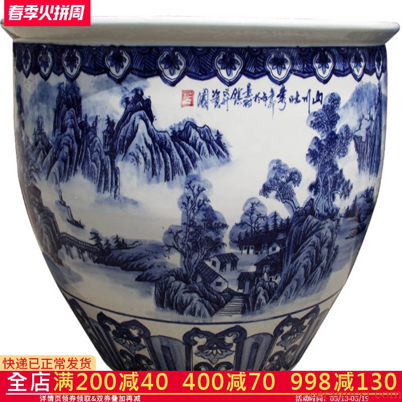 The Large blue and white porcelain of jingdezhen ceramics hand - made aquarium big flowers, potted garden furnishing articles to heavy Large fish bowl