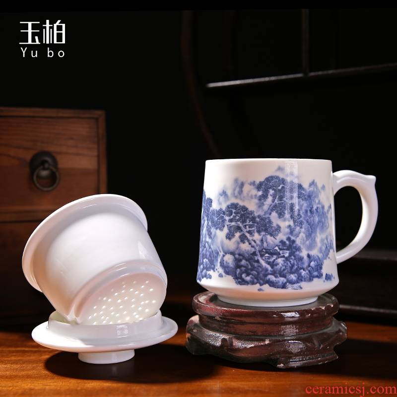 Jingdezhen ceramic cup parker filter jade cup couples with cover the tank large capacity cup Chinese wind blue office cup