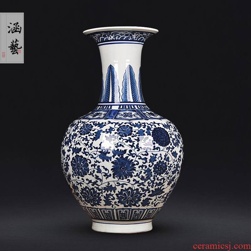 Jingdezhen ceramics blue - and - white ware put lotus flower grain vase sitting room porch decoration of the new Chinese style furnishing articles craft gift