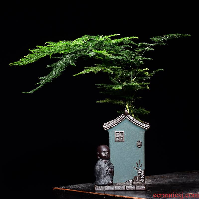 Creative Chinese style house flowerpot ceramic small home office desktop, the plants potted bonsai asparagus is special