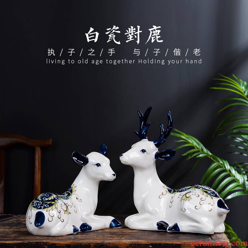 Jingdezhen ceramic hand - made elk furnishing articles of new Chinese style living room TV cabinet decorative gift a pair of creative arts and crafts