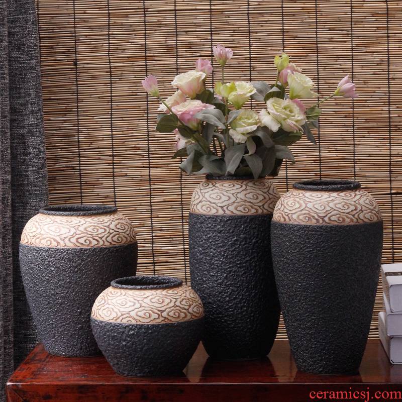 Jingdezhen checking coarse pottery xiangyun Chinese style of black pottery machine dry flower hydroponic flower pot furnishing articles pottery crispy noodles