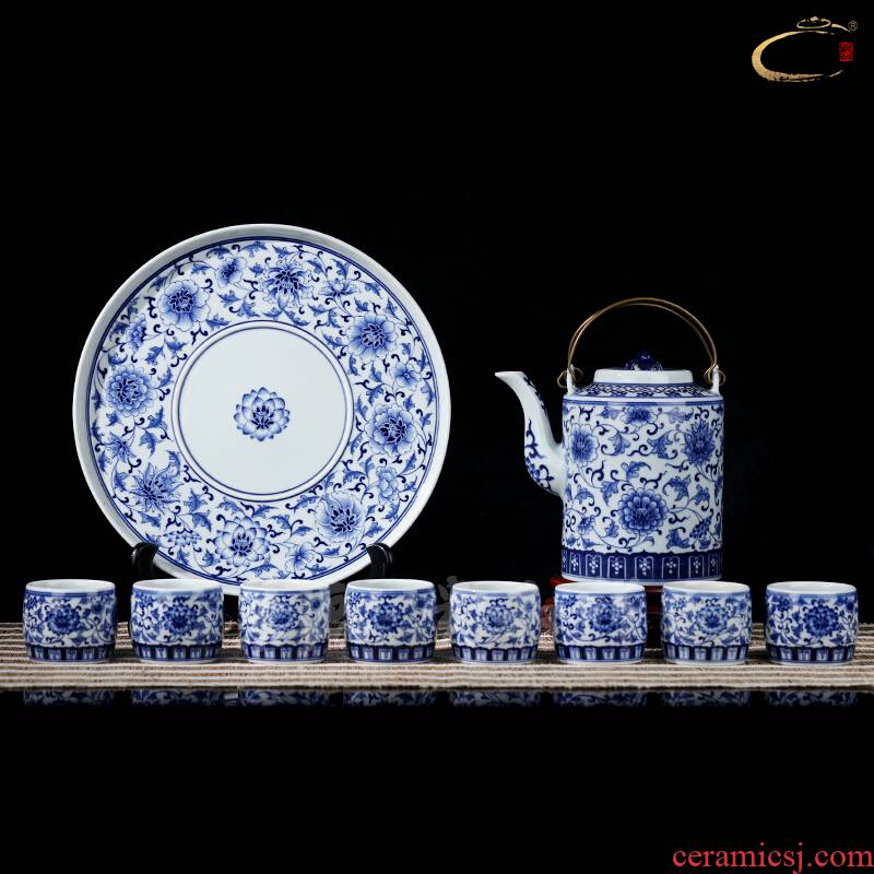 And auspicious old ceramic kung fu tea set gift of jing DE suit all hand blue And white lotus flower girder pot set