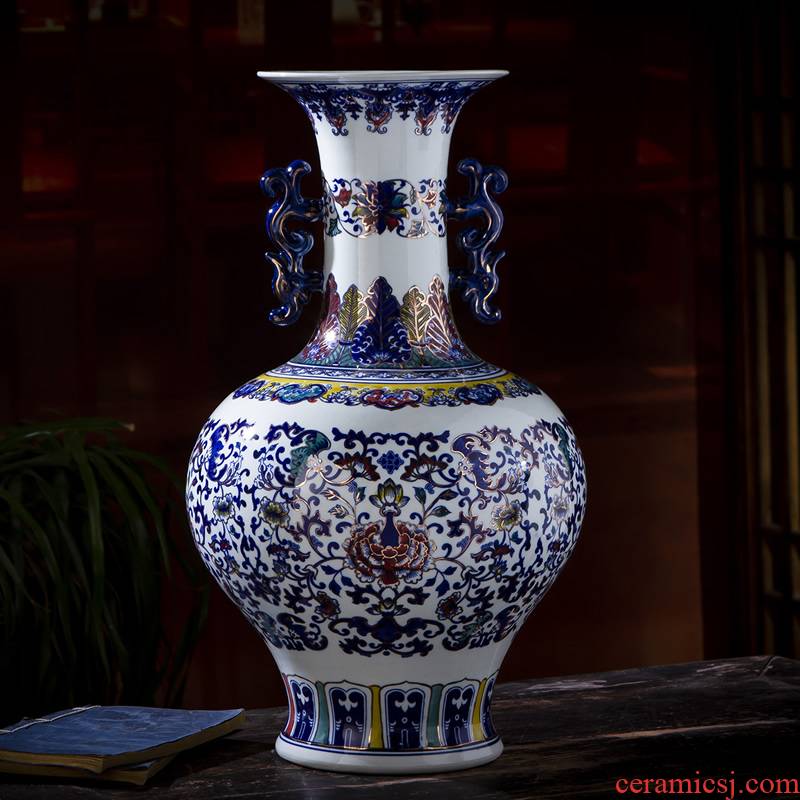Jingdezhen ceramic hand - made large blue and white porcelain vase flower arranging antique Chinese style living room porch China ornament