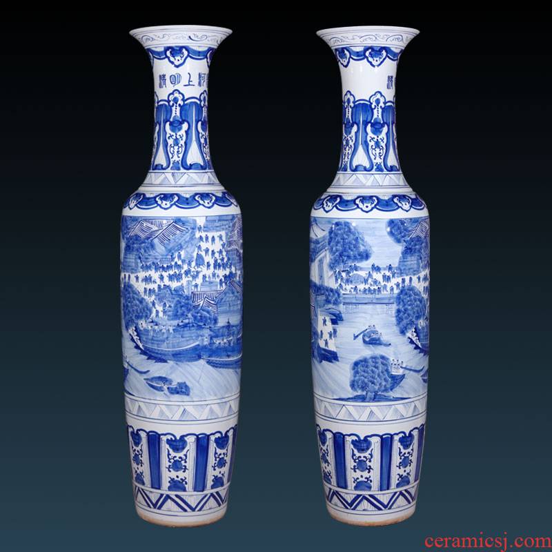 Jingdezhen ceramic hand - made large blue and white porcelain vase qingming scroll of Chinese style living room the opened a housewarming gift
