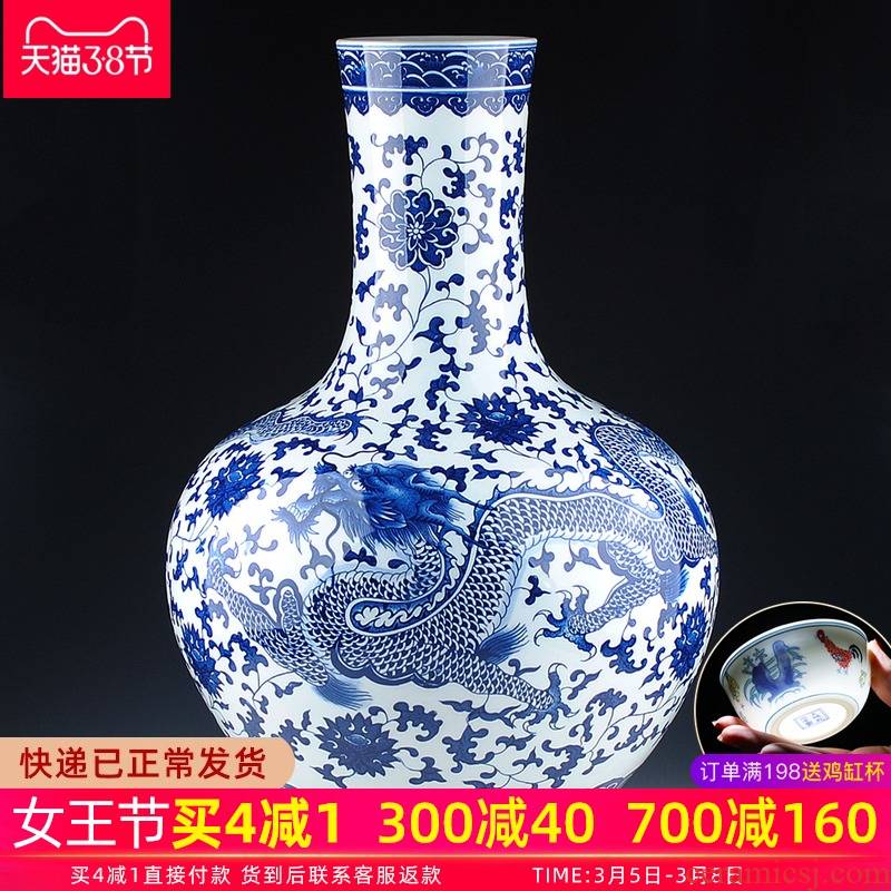 Blue and white porcelain of jingdezhen ceramics dragon landing big vase decoration sitting room of Chinese style household furnishing articles