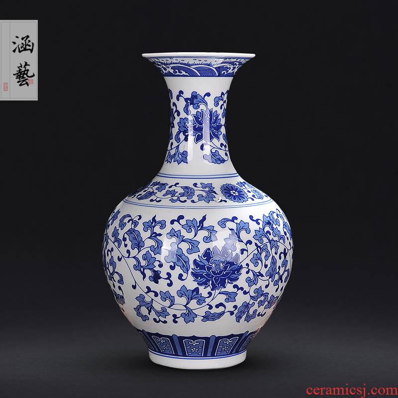 Blue and white porcelain of jingdezhen ceramics bound branch lotus bottle of new Chinese style decoration room porch flower arrangement handicraft furnishing articles