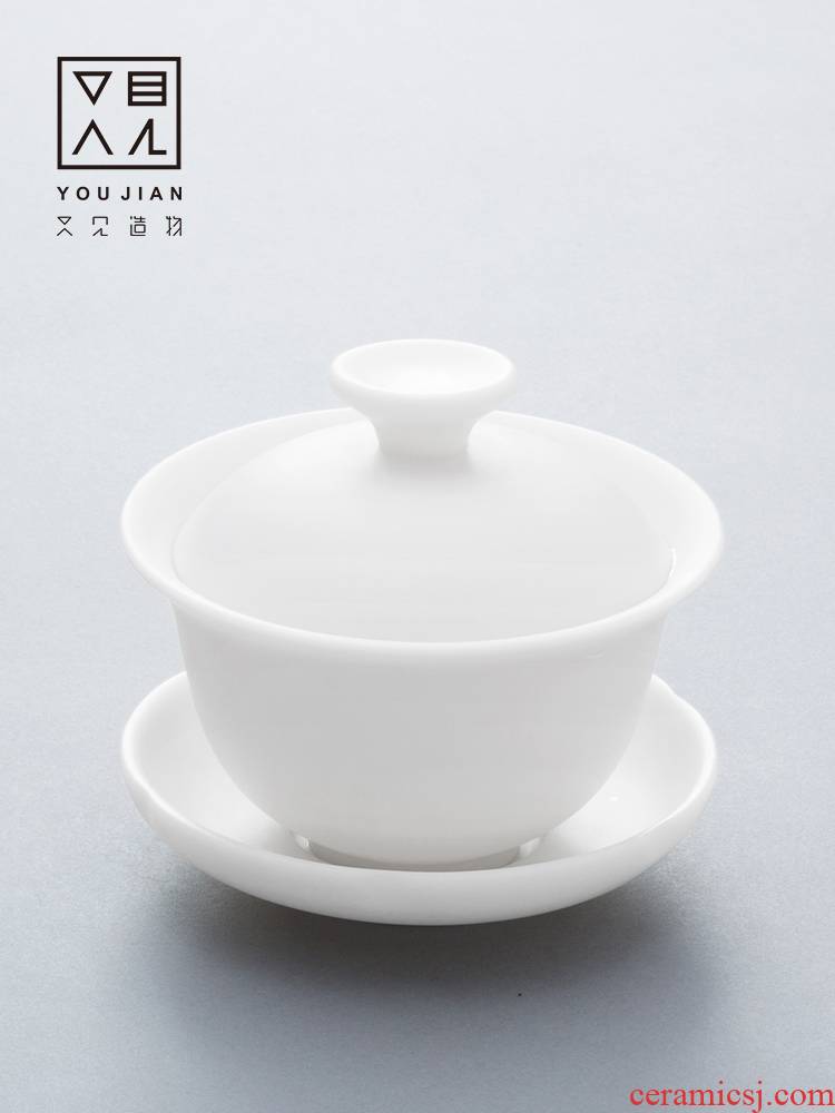 Suet jade tureen kunfu tea tureen dehua white porcelain cups three only a single large ceramic tea set to use
