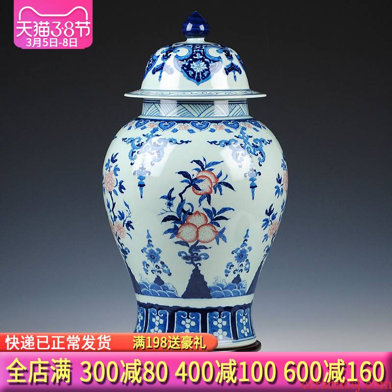 Jingdezhen ceramics green glaze antique blue - and - white youligong general tank storage tank with cover sitting room adornment is placed