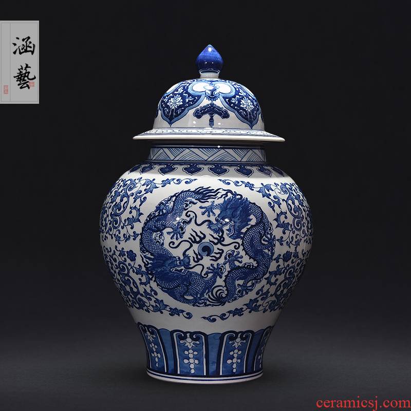 Jingdezhen blue and white dragon playing bead hand - made ceramics general furnishing articles craft gift as cans of new Chinese style living room decoration