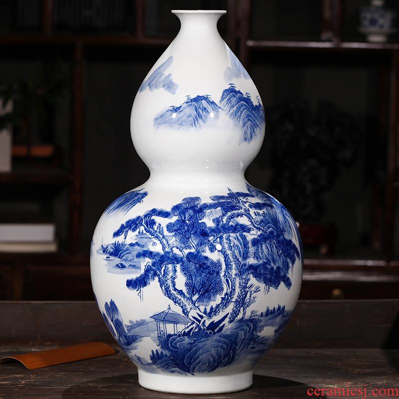 Jingdezhen ceramics by hand antique household adornment of large blue and white porcelain vase gourd landscape painting the living room
