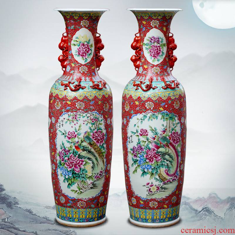 Jingdezhen ceramics hand - made pastel double lion ear to the ground the sitting room is big vase company opening hotel lobby furnishing articles
