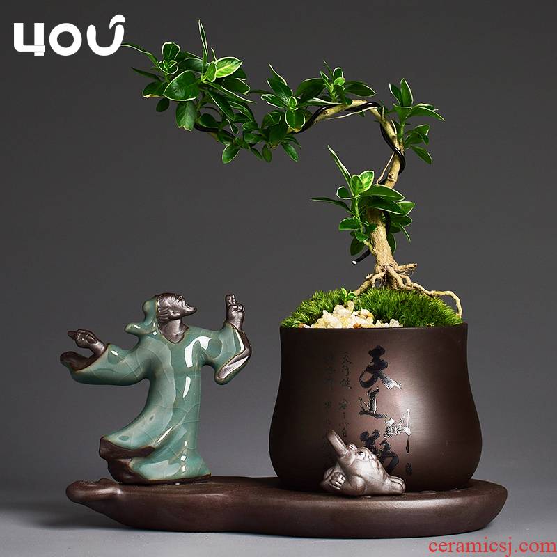 Chinese wind purple sand flowerpot creative combination bonsai asparagus pot sitting room small desktop zen monk furnishing articles