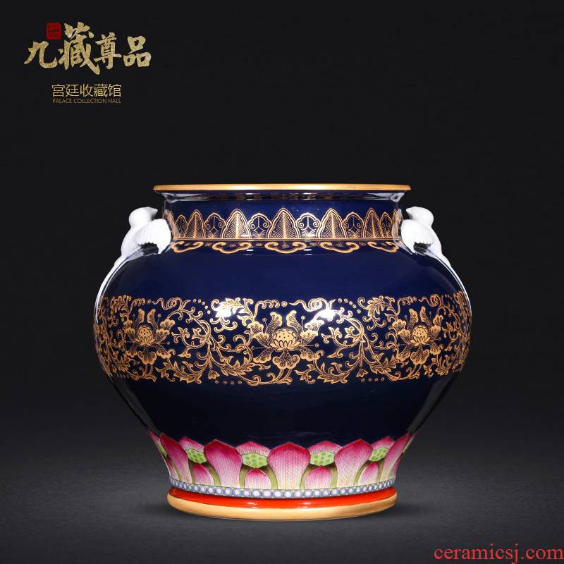 Jingdezhen ceramics antique hand - made ji to pastel blue paint wrap peony lines double yan ear vase furnishing articles