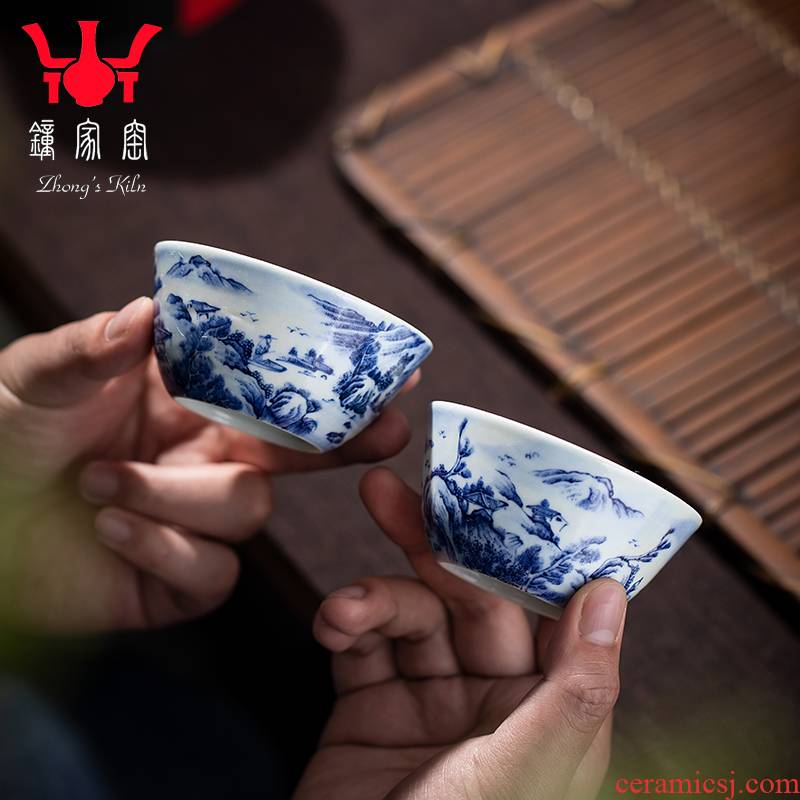 Clock home trade, one cup of single CPU jingdezhen blue and white painting landscape cylinder cup kung fu teacups hand - made maintain sample tea cup