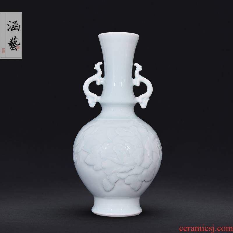 Jingdezhen ceramic celadon jade carving ears peony vases, sitting room place flower arrangement of new Chinese style decoration