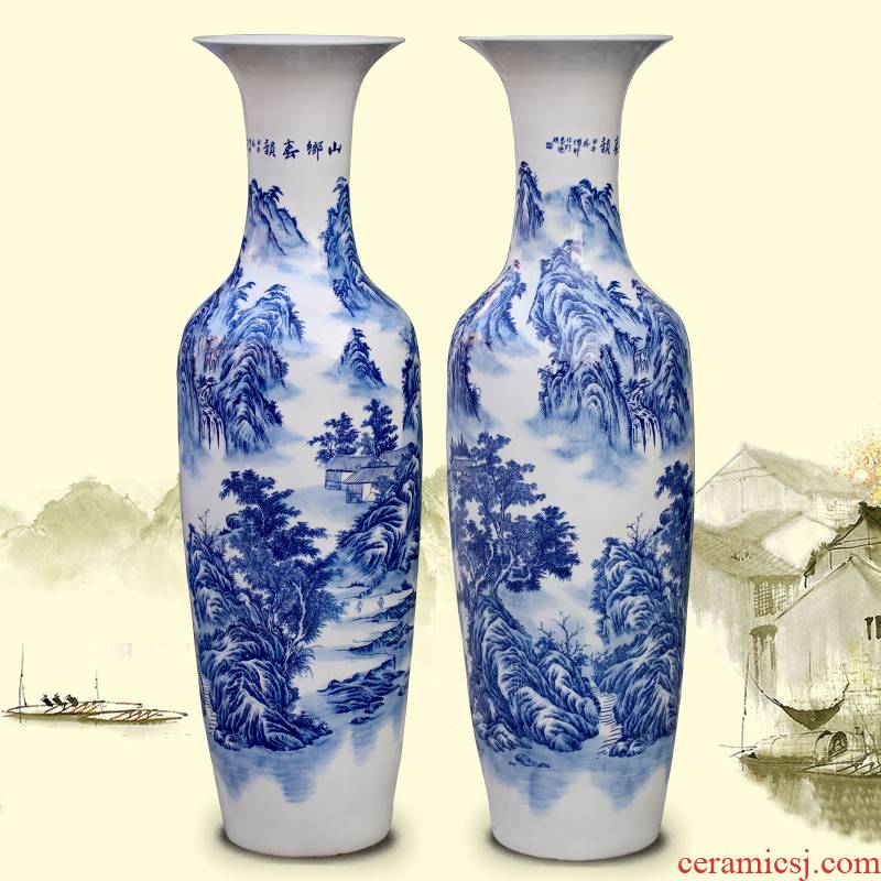 Blue and white porcelain of jingdezhen ceramics landscape painting the living room floor big vase decoration to the hotel opening gifts furnishing articles