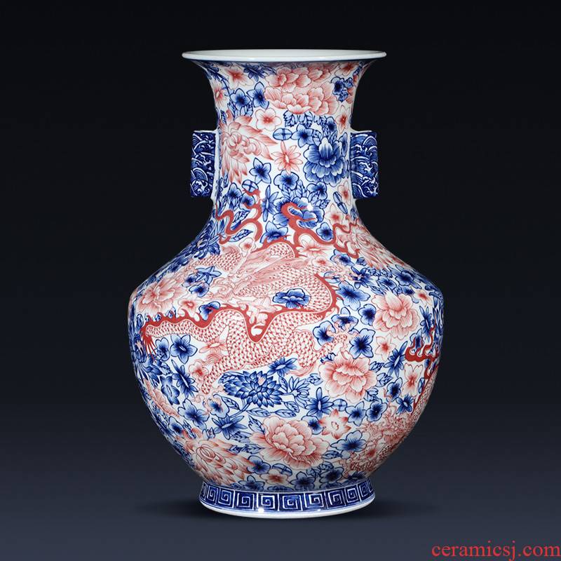 Jingdezhen ceramics creative imitation qianlong hand - made flower dragon ear vase of new Chinese style living room porch place