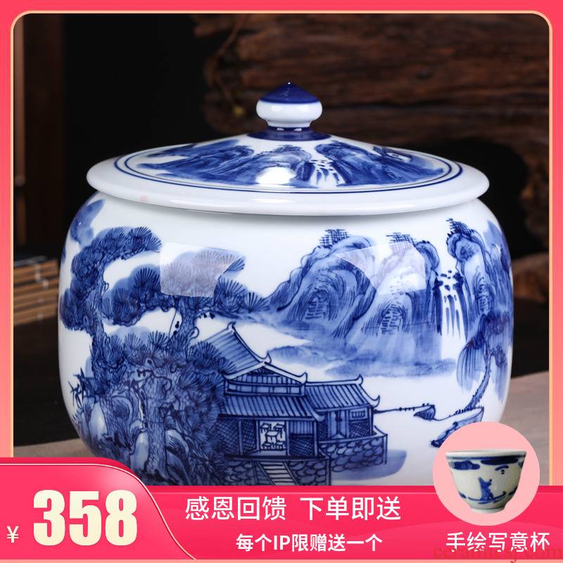 Jingdezhen ceramic hand - made of blue and white porcelain tea pot large household seal tank general storage tank receives