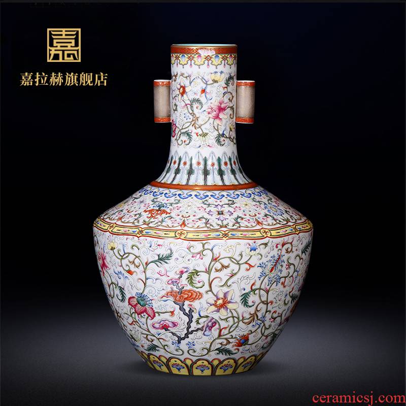 Master jia lage jingdezhen ceramics YangShiQi antique hand - made pastel lotus flower grain penetration ears vase