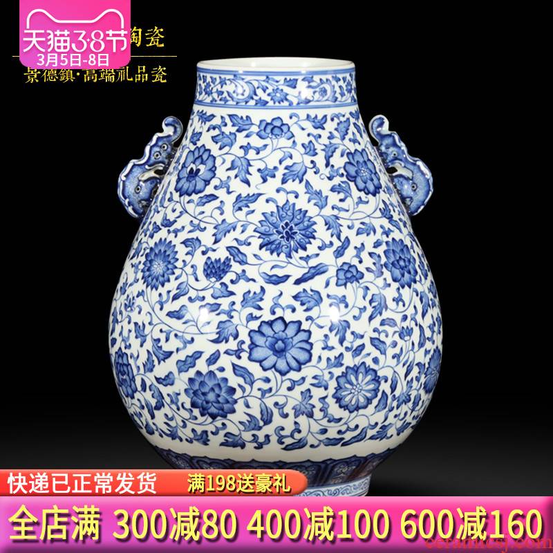 Jingdezhen ceramics by hand antique blue - and - white bound branch lotus double listen barrels vase sitting room home decoration furnishing articles