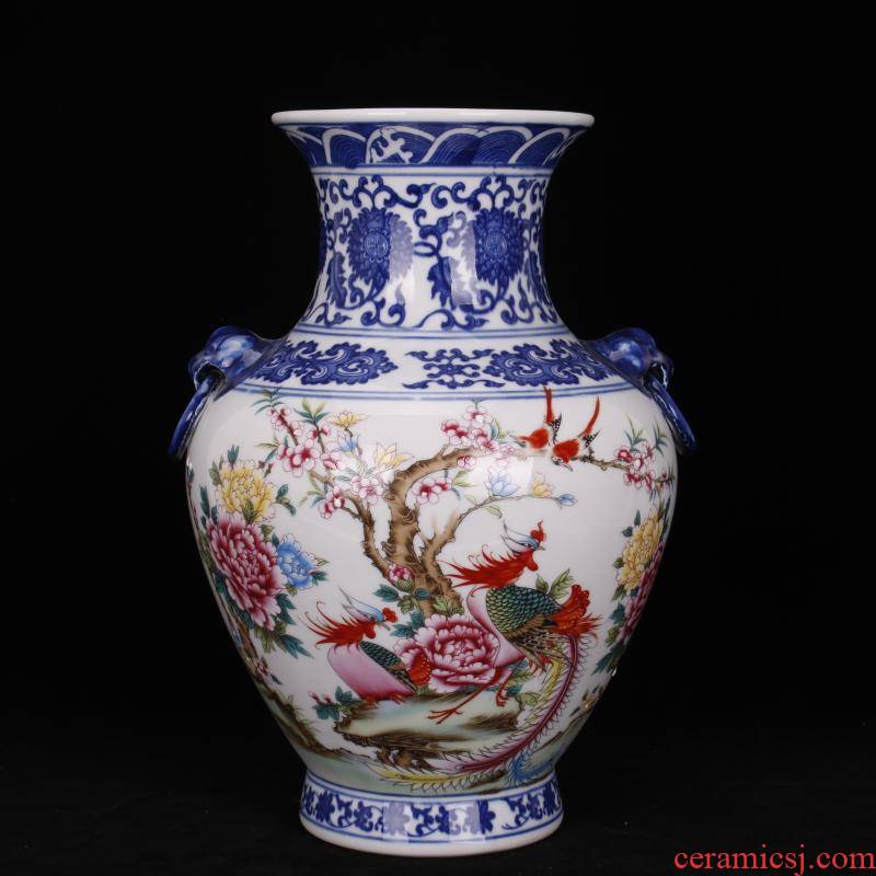 Archaize of jingdezhen porcelain qianlong double phoenix double ears sitting room porch decoration of Chinese style household imitation antique furnishing articles