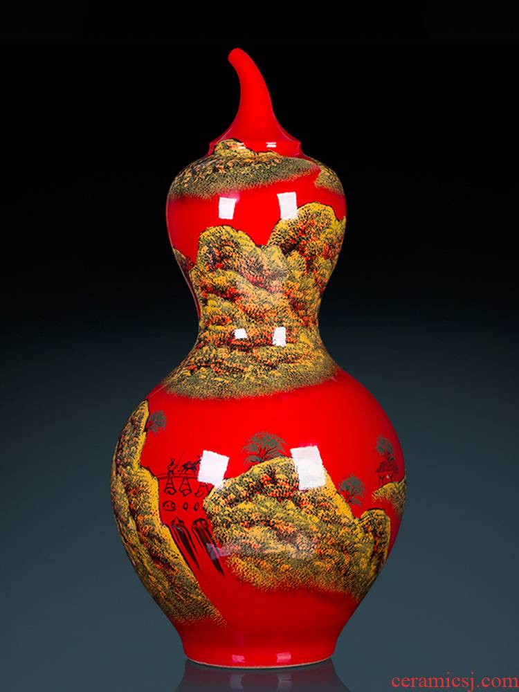 Jingdezhen ceramics China red hand - made scenery of large vase gourd bottle of Chinese decorative furnishing articles a large living room