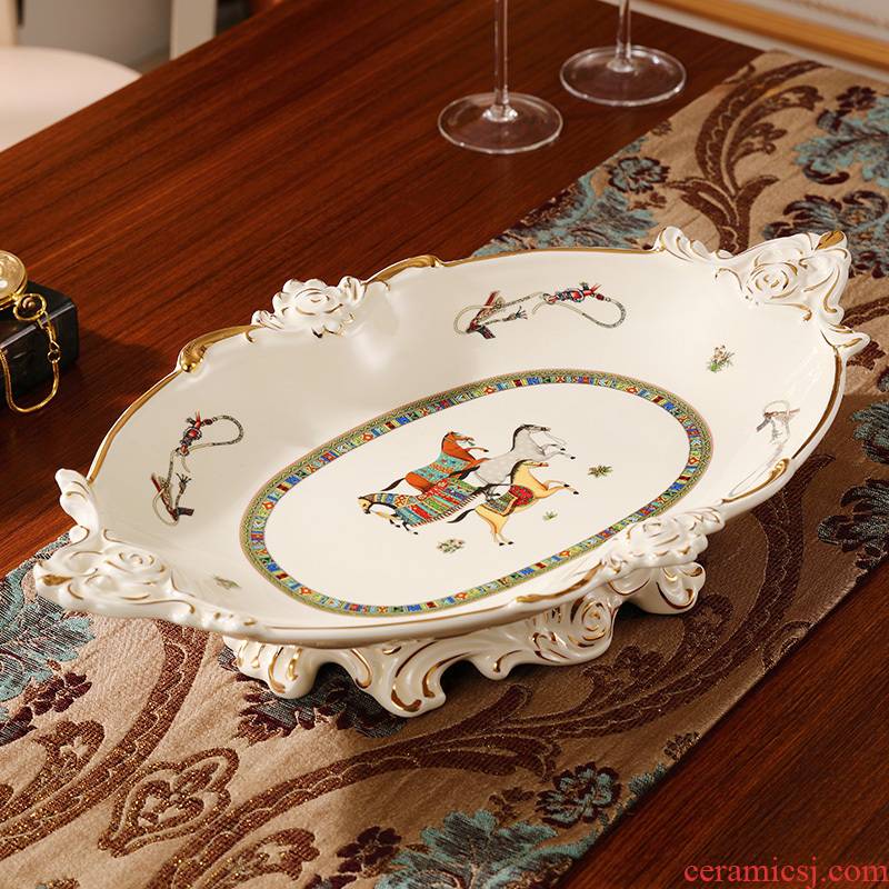 Large key-2 luxury ceramic fruit bowl suit creative living room fruit basin modern European compote three - piece tea table furnishing articles
