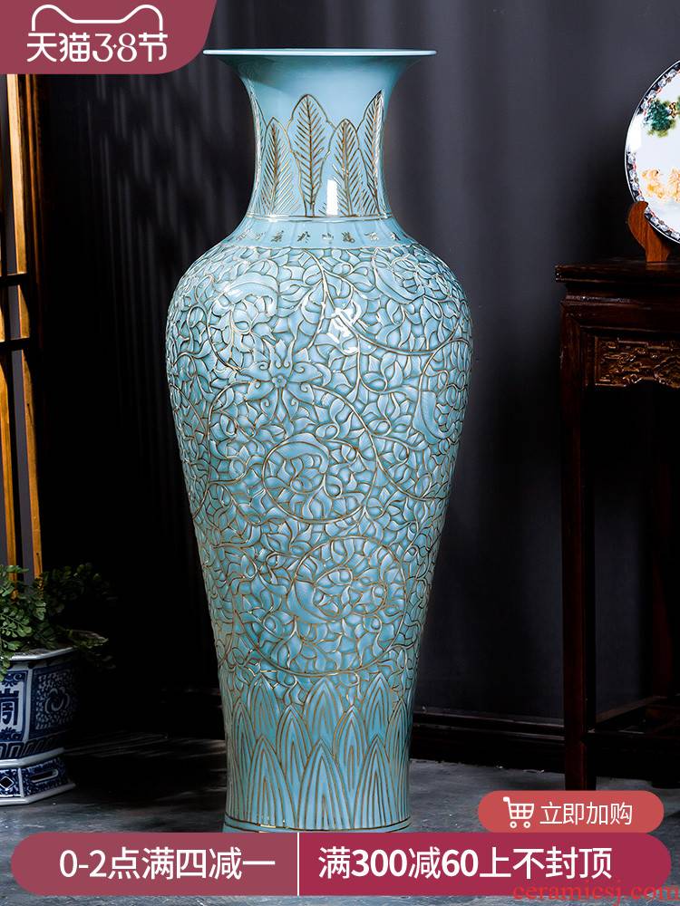 Jingdezhen big hand paint ceramic vase furnishing articles sitting room be born Chinese celadon decoration hotels high - grade decoration