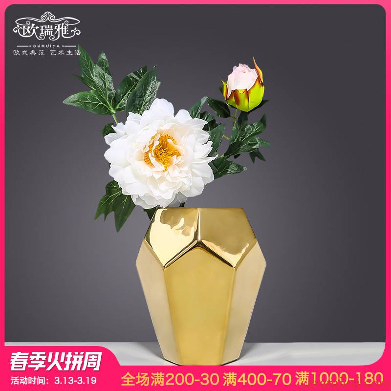 European I and contracted ceramic vase furnishing articles golden light key-2 luxury living room TV cabinet table flower adornment geometry