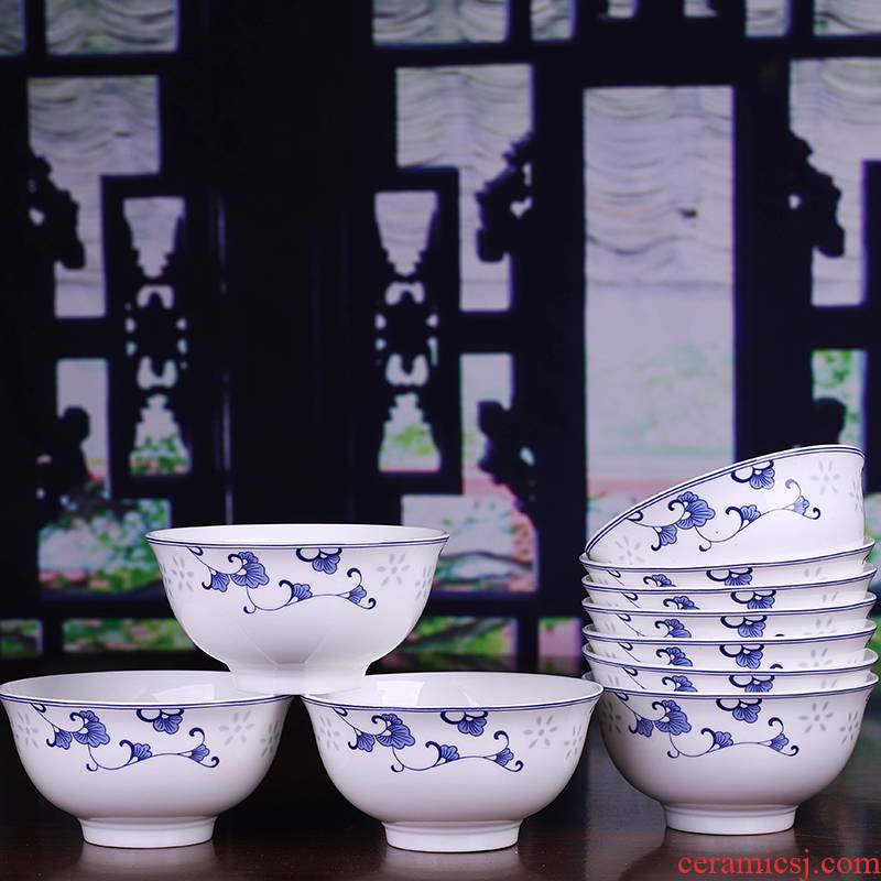 Jingdezhen blue and white and exquisite ceramic bowl lace plant insulation ten 4.5 inch household set tableware