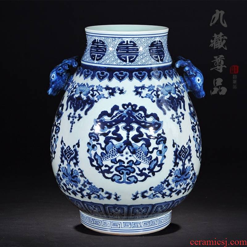 About Nine sect Buddha tasted jingdezhen ceramic antique hand - made sweet deer ear of blue and white porcelain statute of the sitting room place cylinder vase