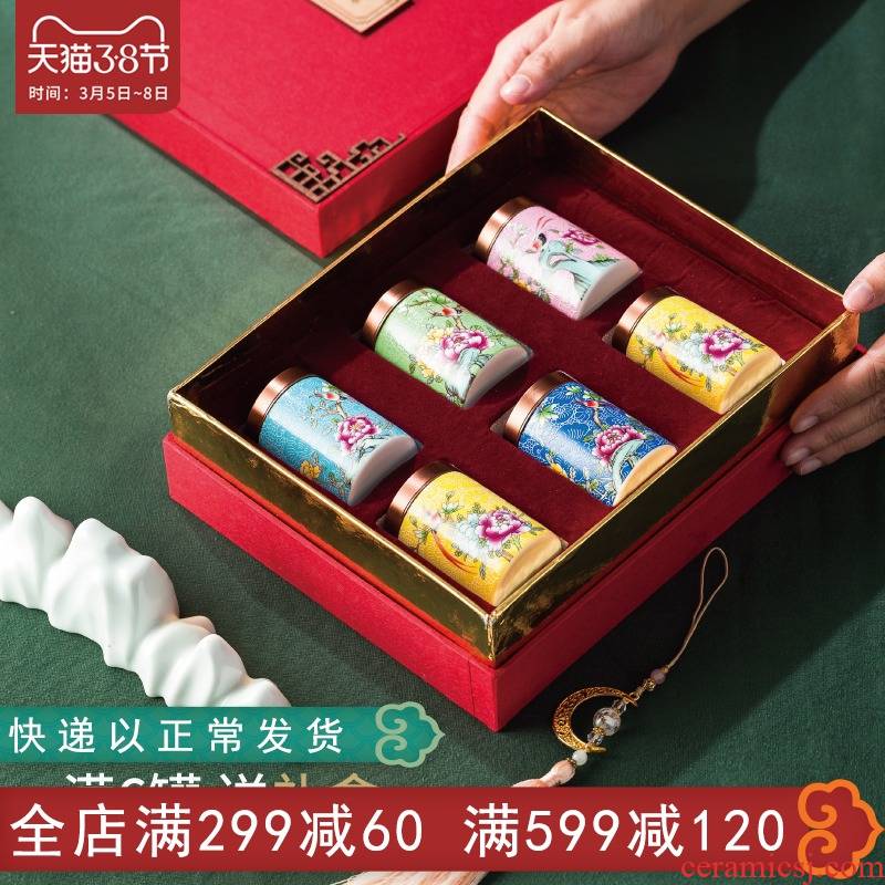 Jingdezhen ceramic portable mini tea caddy fixings box tin lid seal pot'll flower POTS with you