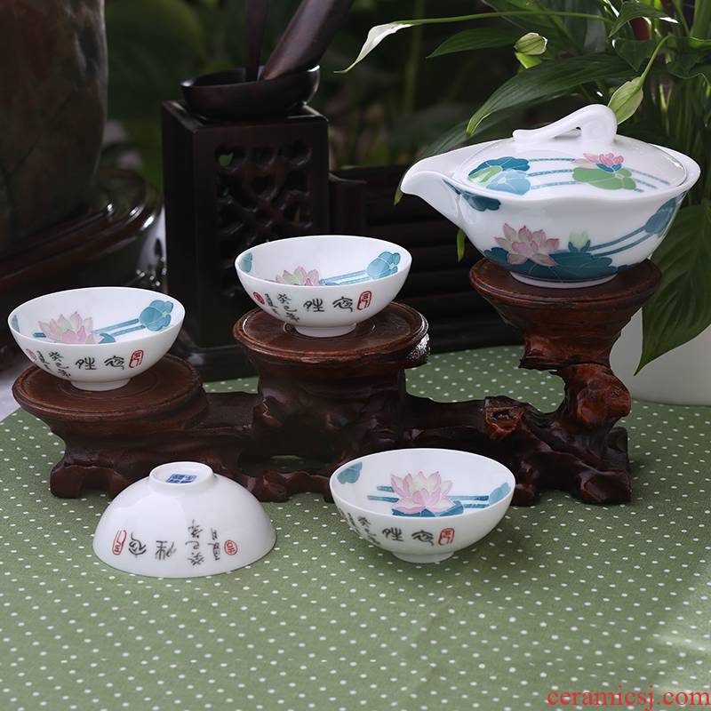 A complete set of hand under the glaze color ceramic kung fu tea set large capacity hand grasp pot of 4 cups of tea, liling porcelain