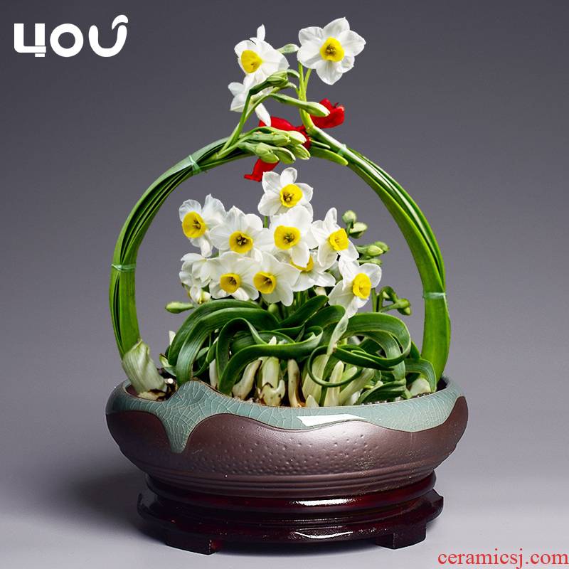 Chinese wind brother up refers to flower pot ceramic hydroponic copper water a plant grass household utensils to use lotus leaf lotus basin
