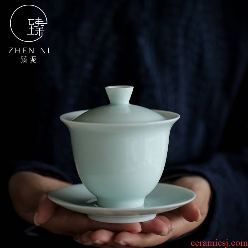 "Green tureen jingdezhen manual shadow only three bowl of thin foetus celadon kung fu tea set to use white porcelain making tea