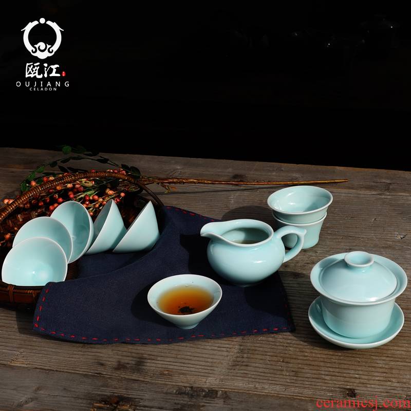 Oujiang longquan celadon kunfu tea tea set suit household contracted the teapot cup tureen tea set a complete set of gift boxes