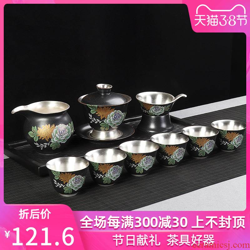 High - grade silver tea sets, 999 sterling silver checking household ceramics contracted a whole set of Chinese kung fu tea set