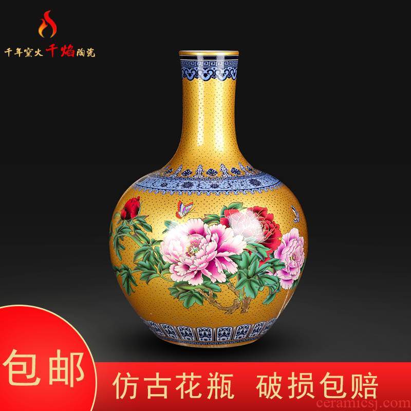 Jingdezhen ceramics vase golden pearl glaze peony new Chinese style household flower arranging rich ancient frame is placed in the living room