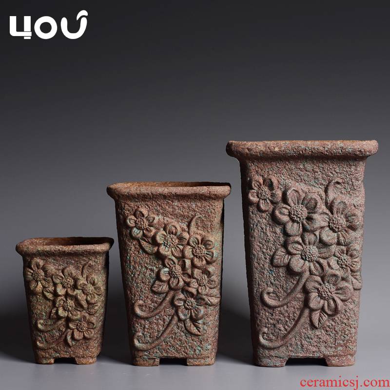 Chinese wind restoring ancient ways the quartet high pot ceramic large household bonsai pot basin of the old running the mage, breathable coarse pottery, fleshy