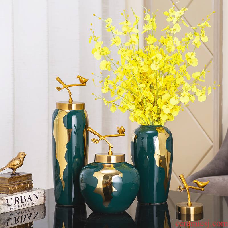 New Chinese style ceramic light blackish green vase European key-2 luxury decorative furnishing articles with copper cover sitting room dry flower arranging flowers, household act the role ofing is tasted