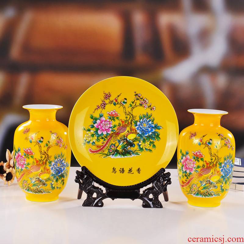 Jingdezhen ceramics glaze yellow crystal three - piece suit modern fashion vase plates home handicraft furnishing articles