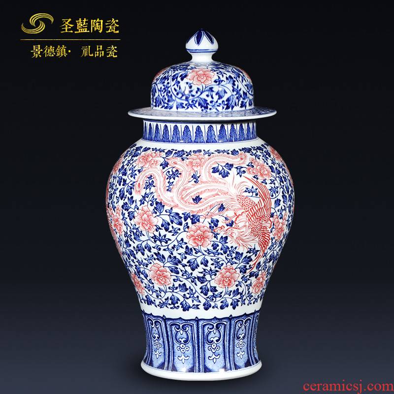 Antique blue and white porcelain of jingdezhen ceramics general tank storage jar with a lid Chinese ancient frame is placed in the living room