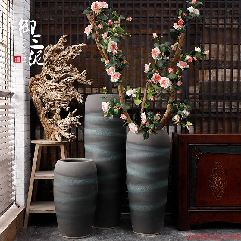 Coarse pottery vase zen landing flowerpot Chinese style restoring ancient ways of modern pottery sitting room adornment is placed large caliber dried flowers