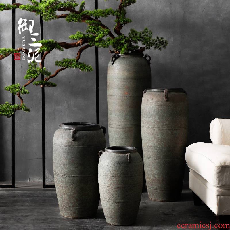Retro thick clay ground are dried flowers sitting room vase decoration furnishing articles Chinese modern pottery large - diameter zen flowerpot