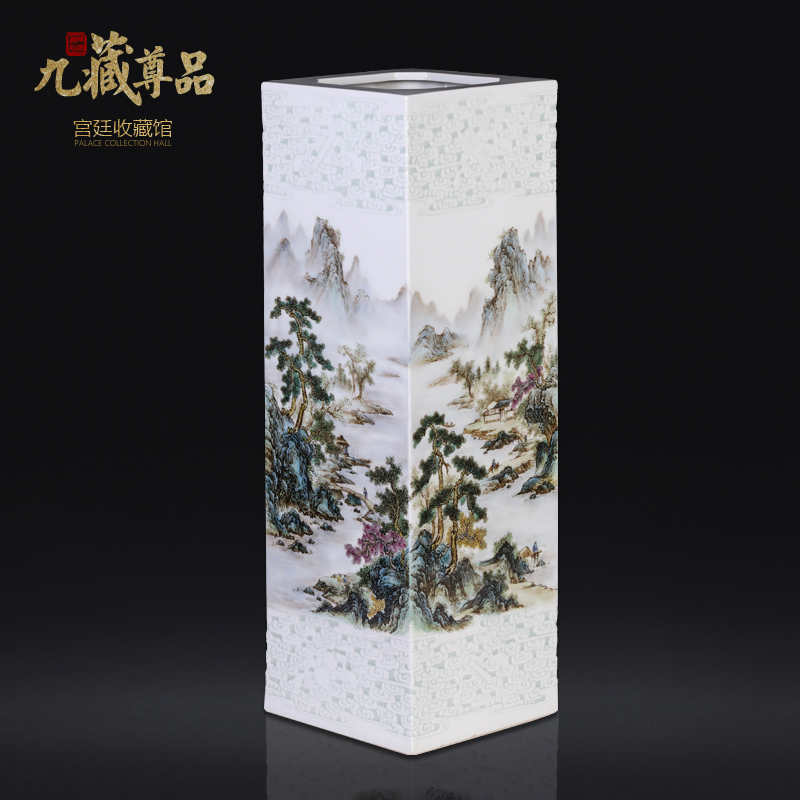 Jingdezhen ceramics antique hand - made pastel landscape carving set picture tube of Chinese style living room porch decorate furnishing articles