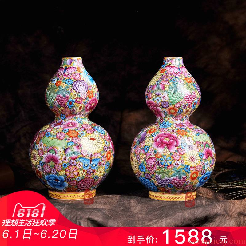 Jingdezhen ceramics antique old factory enamel see colour flower bottle gourd crafts home sitting room fashion furnishing articles