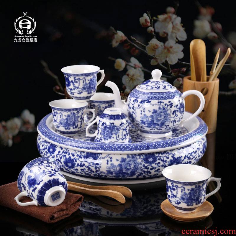 DH kung fu tea set suit household ceramic teapot teacup tea tray of blue and white porcelain tea of a complete set of jingdezhen tea service
