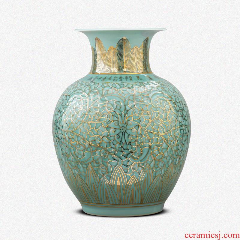 Jingdezhen ceramics vase manual reliefs green glaze decoration paint the living room of Chinese style household office furnishing articles