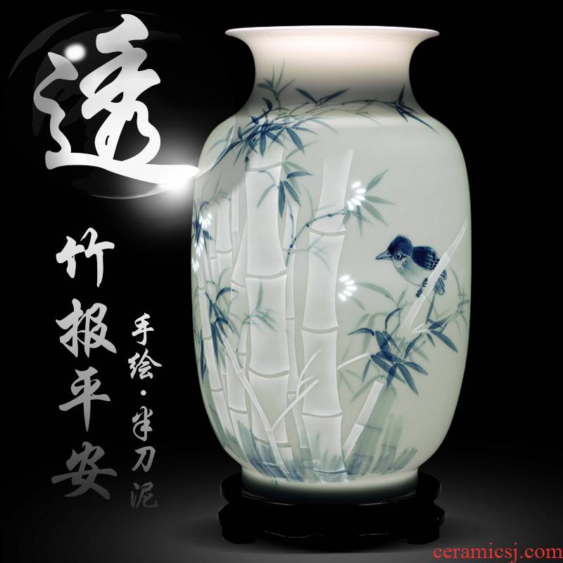Jingdezhen ceramics bamboo report peaceful hand carved vases, flower arrangement sitting room adornment of Chinese style household furnishing articles gifts